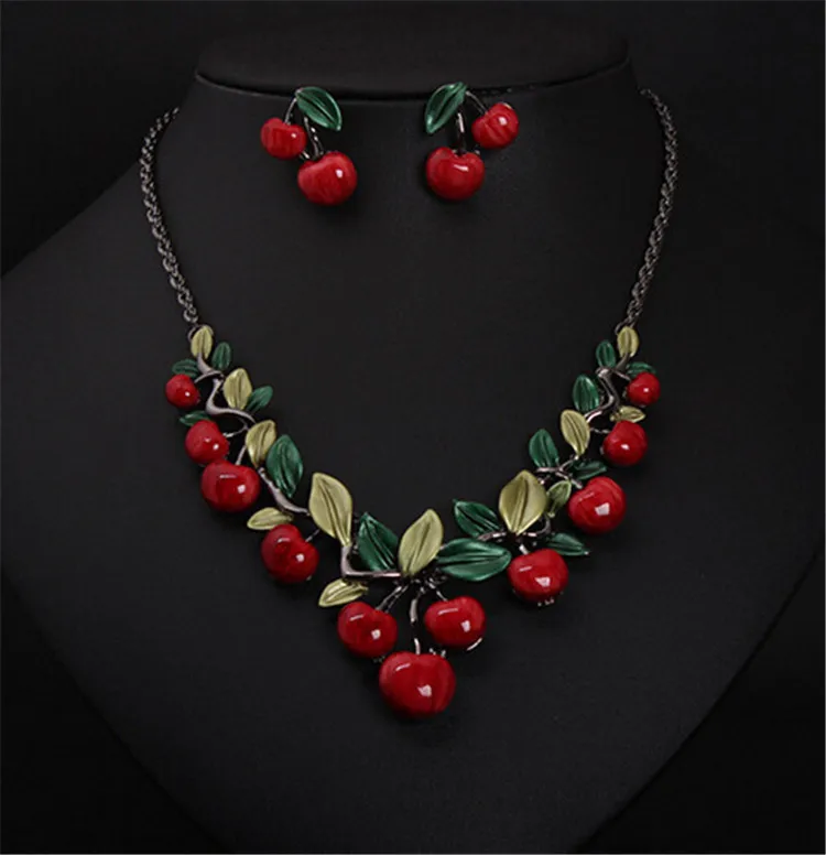 

Online Jewelry Hot Selling Explosive Short Cherry Necklace Earring Set Ornaments Wholesale, Picture shows