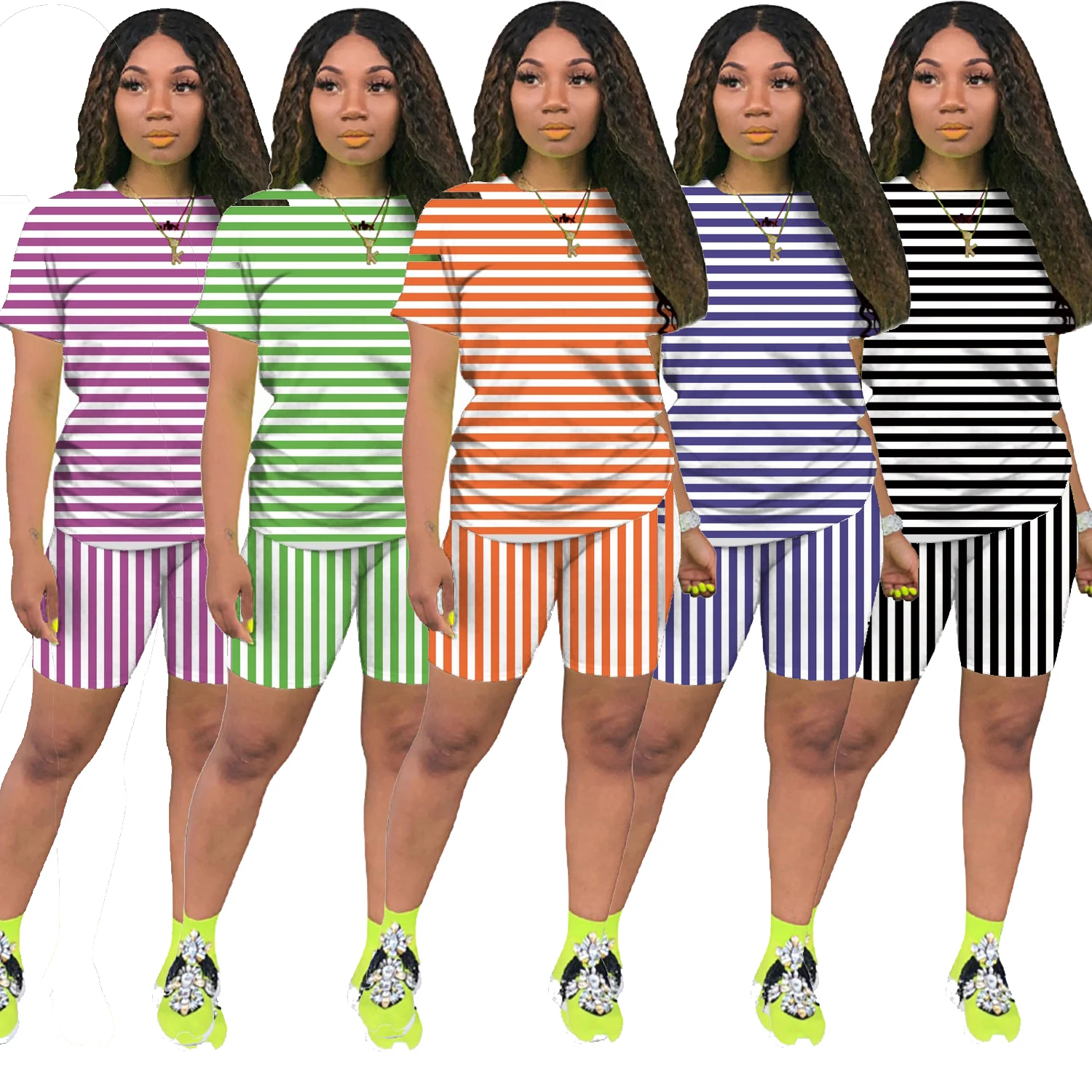 

Custom Logo Amazon Hot Sale striped t shirt Sport Shorts Trendy Neon Color Two Piece Set For Women Clothing