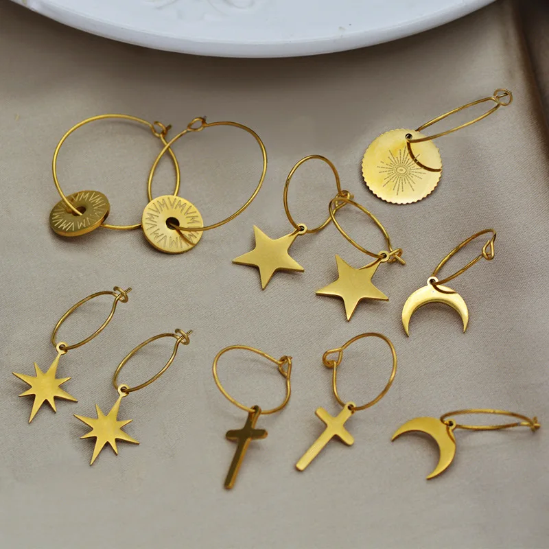 

Amazon Best Selling 14k Gold Plated 316L Stainless Steel Moon Hoop Earring Star Cross Drop Earrings