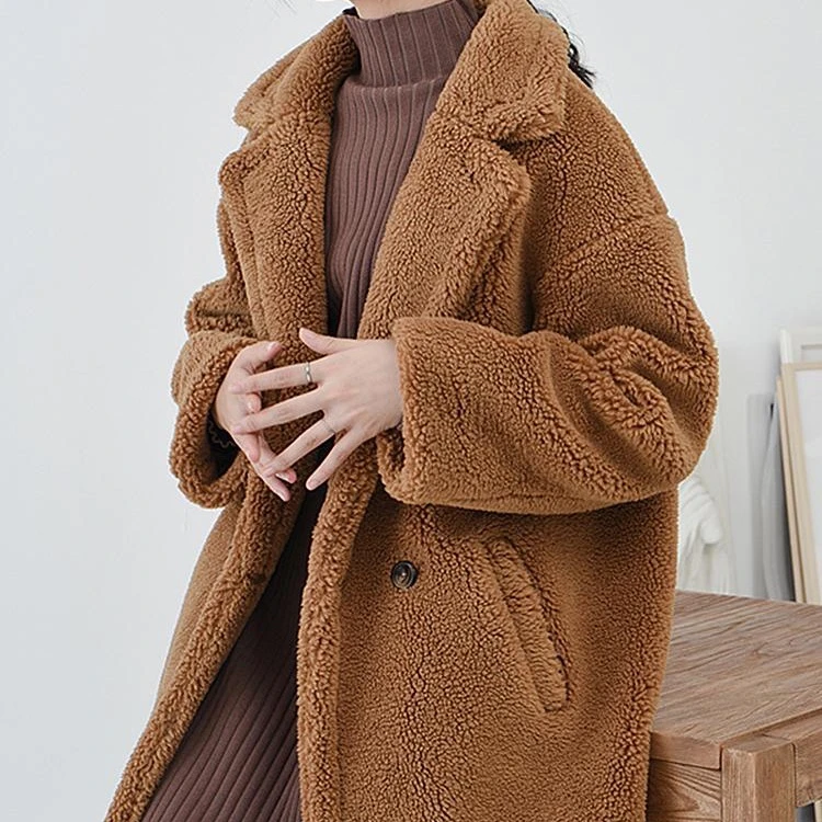 

Winter High Quality Solid Luxury Lapel Collar Shearling Lamb Long Teddy Faux Fur Coat Women