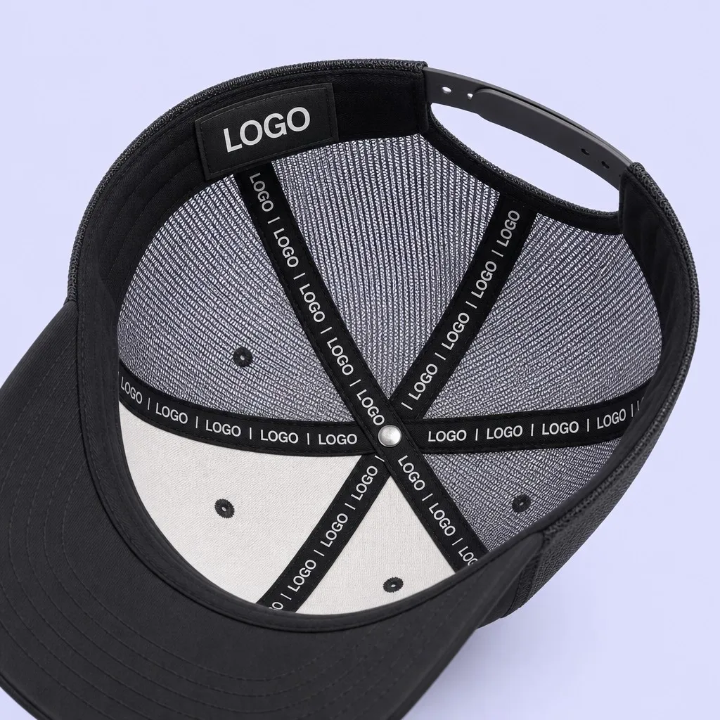 Interior View of Black Trucker Cap with Custom Printed Seam Taping and Woven Sweatband Label
