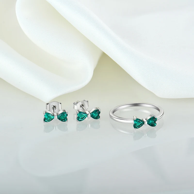 

Wholesale Custom Design Fine Rhodium Plated Earring Ring Sets Women Dainty Green CZ 925 Sterling Silver Jewellery Manufacture