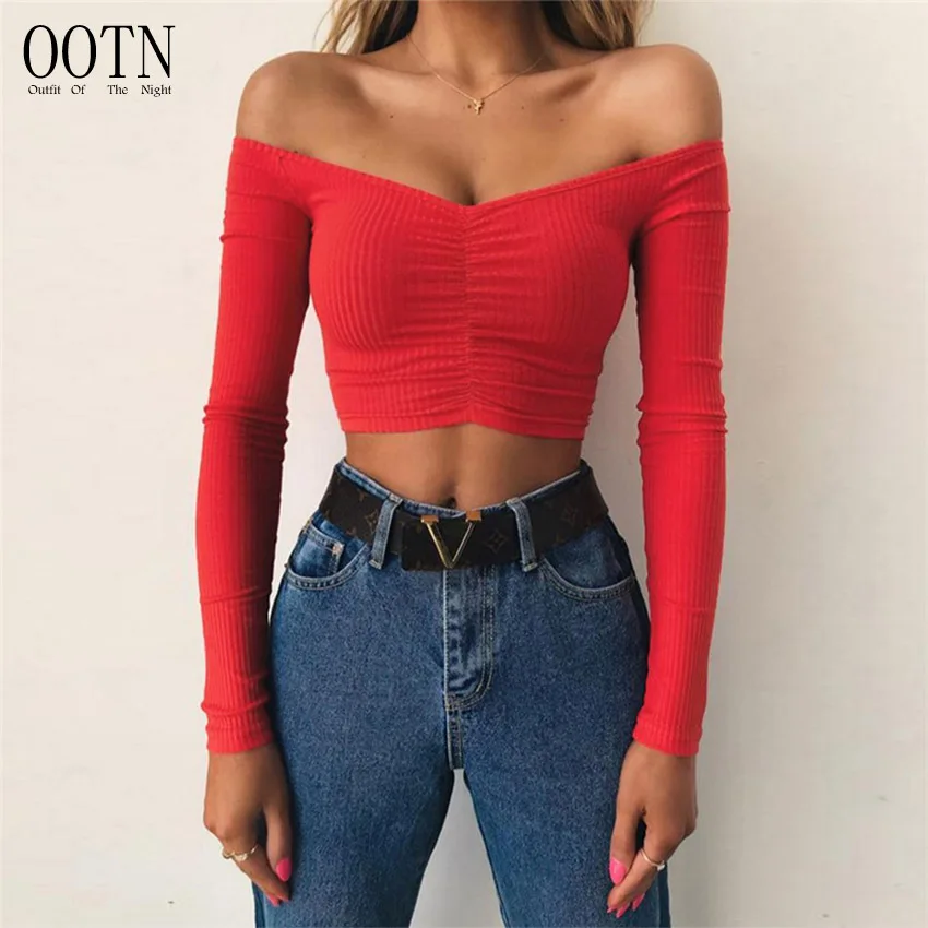 

OOTN Long Sleeve Off Shoulder Solid Color Lady Tshirt Autumn Basic Tees Women T-Shirts Sexy And Club Fashion Female T-Shirt