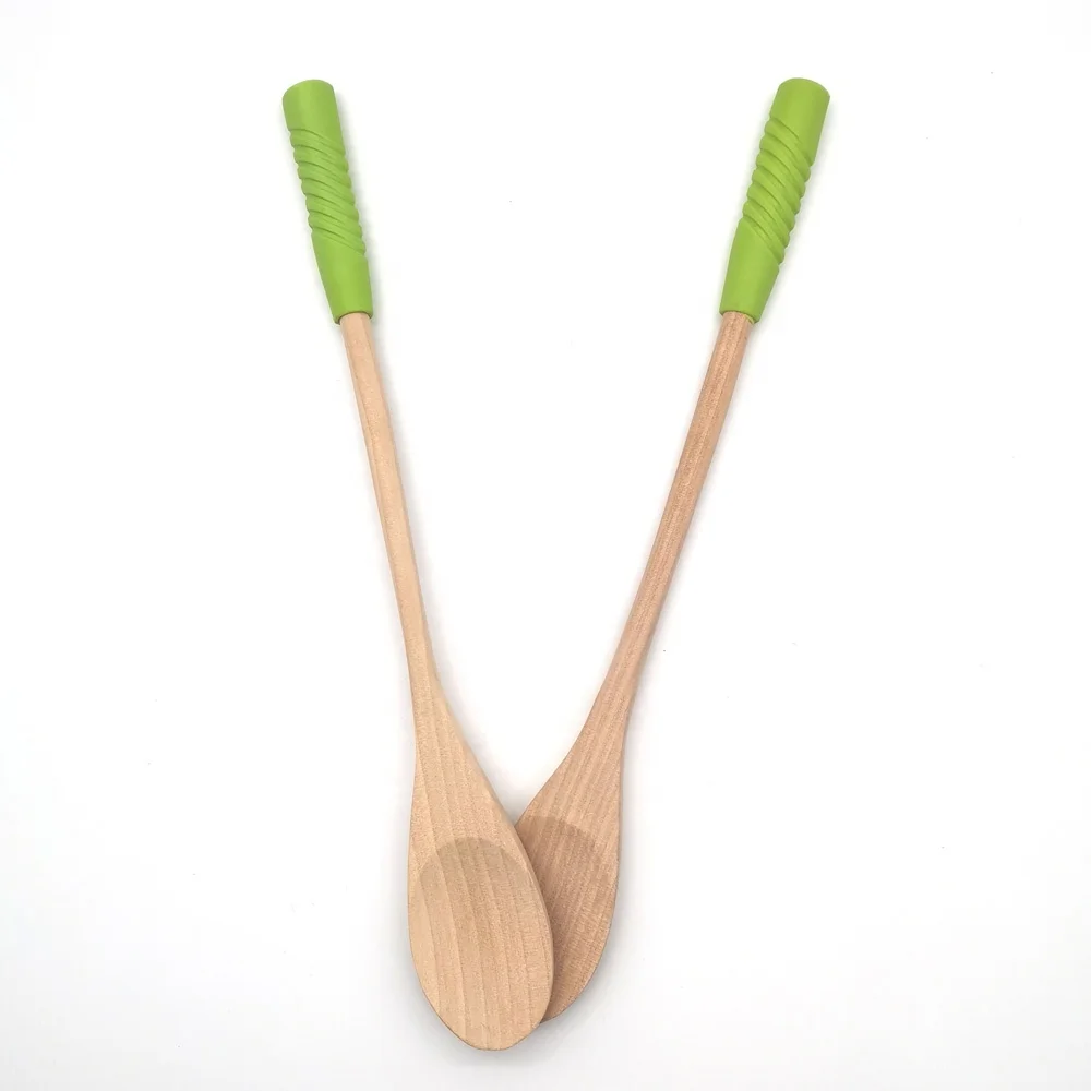 

high quality manufacture natural wooden cooking spoon with green silicone handle