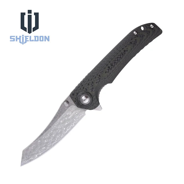 

Shieldon 9Cr18Mov 67-Layer Damascus Steel Blade G10 Carbon Fiber Handle Tactical Survival Camping Hunting Folding Pocket Knife