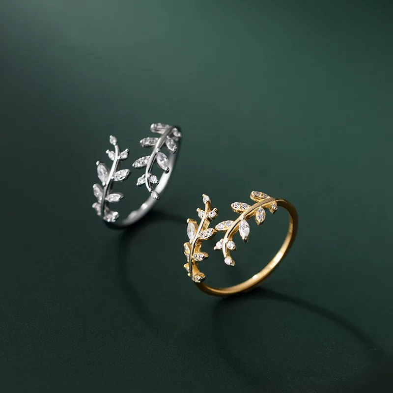 

korea fashion jewelry 925 sterling silver adjustable rings gold plated leaf zircon rings jewelry women