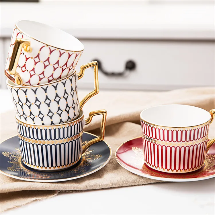 Luxury european royal bulk thin gold plates fine bone china cup saucer for restaurant 