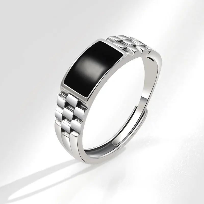 

Anillos Para Hombre Retro Men Jewelry Checkerboard Pattern Ring Oil Dripping Open Adjustable Black Rectangle Rings