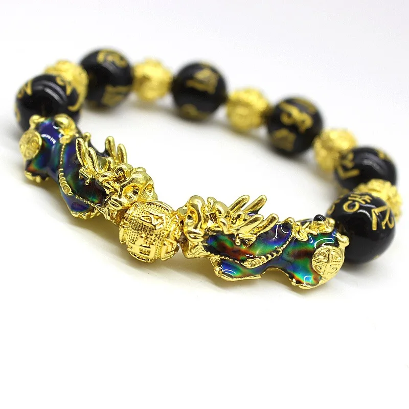 

Black obsidian crystal 24k real gold piyao bracelet for women