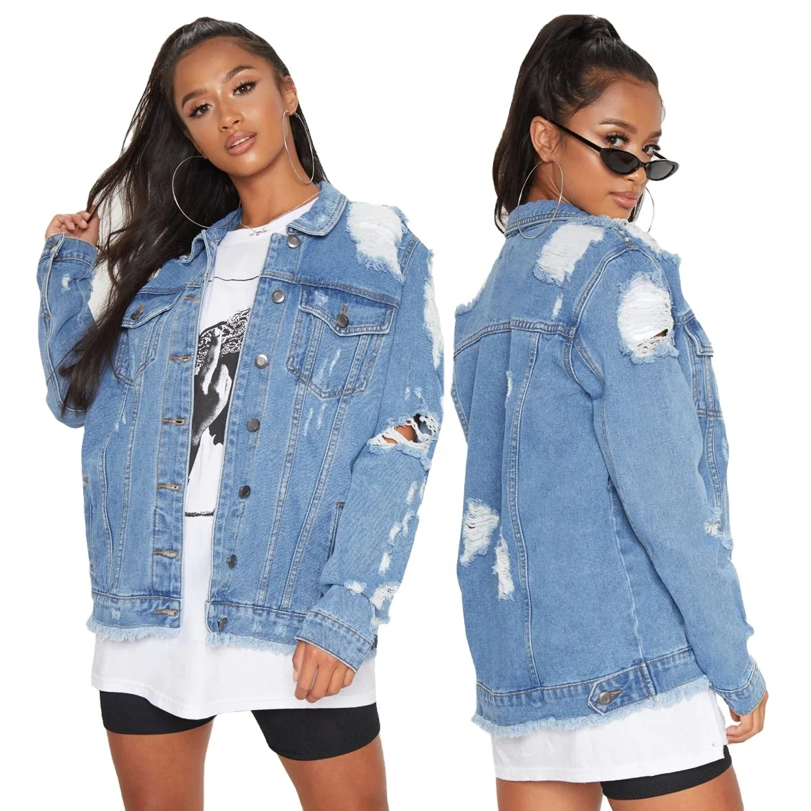 

Winter personalized woman's coat clothes light blue denim hiphop torn jacket tops