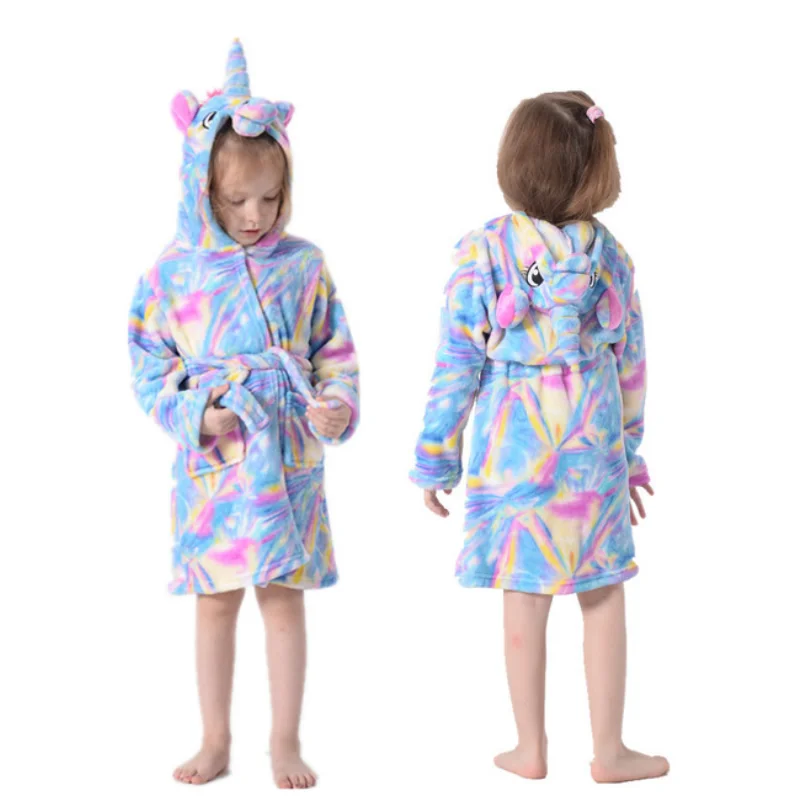 
New Winter Big Boys Girls Bath Robe Children Unicorn Hooded Flannel Pajamas Lengthen Bathrobes for Teenage Boy Cartoon Pajamas 