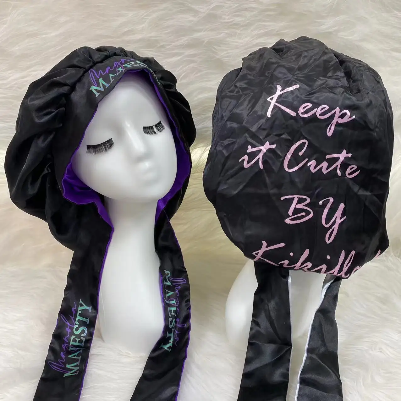 

Custom Logo woman extra large satin Hair bonnet with wrap sleeping Bonnets with belt band tails Silk tie For Curly Hair