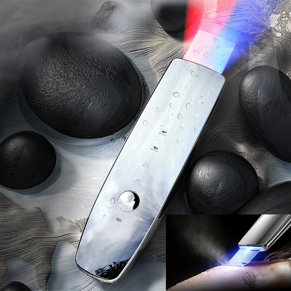 

LED red and blue Beauty Personal Care Acne Pore Beauty Equipment Facial Cleaner Dermabrasion Ion Ultrasonic Skin Scrubber, Silver