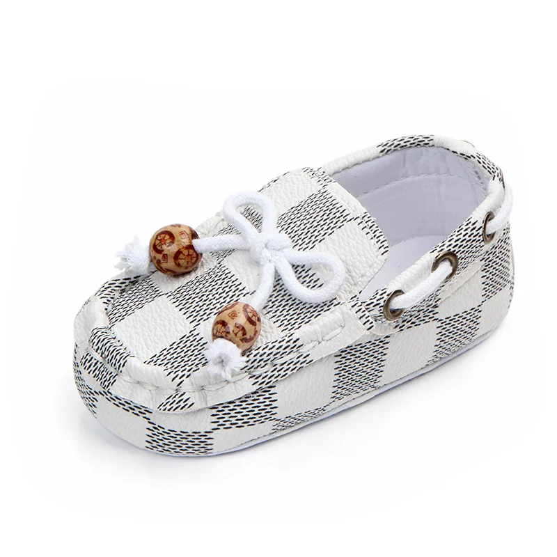 

Wholesale amazon hot sale cheap soft bottom newborn baby casual shoes high quality lattice PU leather baby shoes, White blue coffee