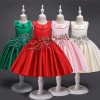 

A New Generation Of Lapel Satin Flowers Girl Dress Beaded Embroidered Party Dress L5085