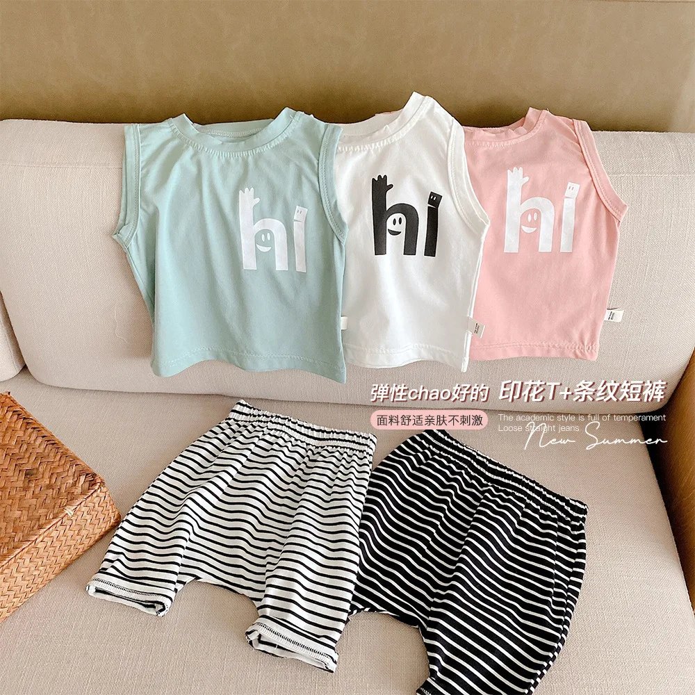 

0-2y 2021 Summer Baby Girls Boys Clothing Set Printed Vest Top & Striped Pants Baby Clothes