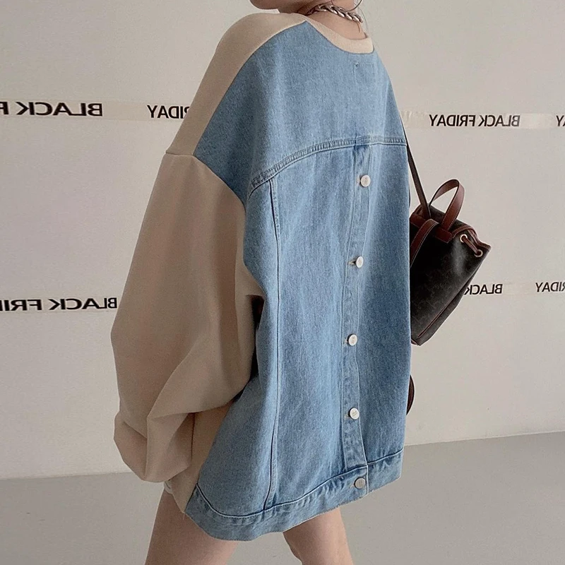 Boutique Wholesale 2026 Spring Lazy Style Round Neck Patchwork Denim Letter Print Loose and Versatile Women's Sweatshirts