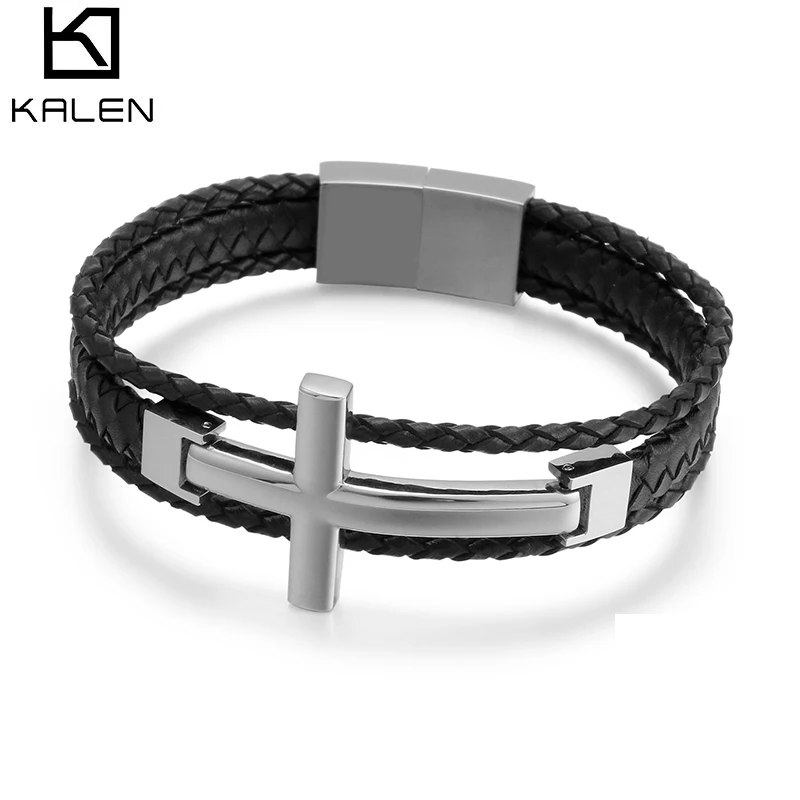 

KALEN Bracelet Magnetic Clasp Pulseras De Cuero Para Hombre Multi Layer Cowhide Braided Leather Cross Bracelet Bangle For Men