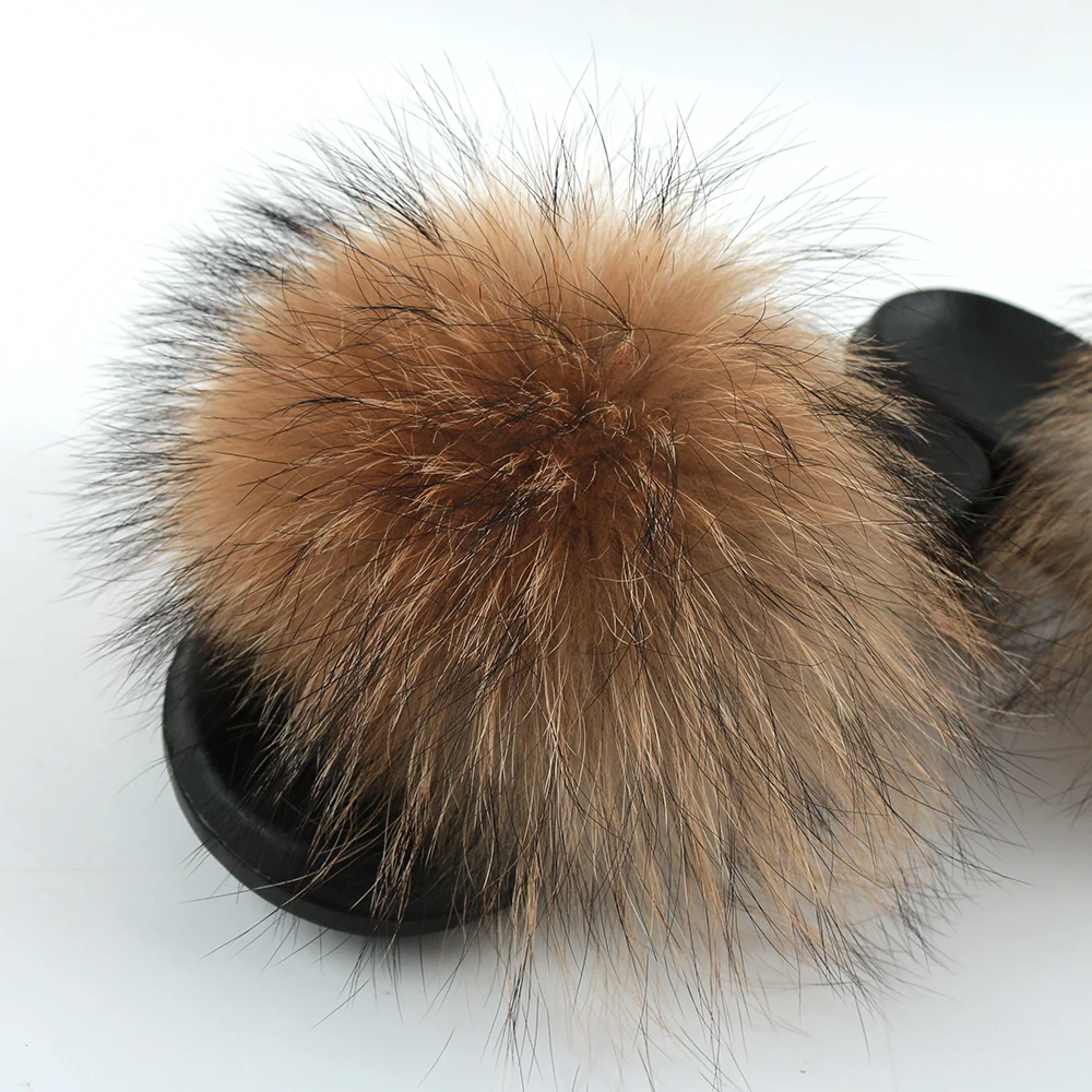 

Fashion women fox fur slides raccoon fur slipper, Customized color