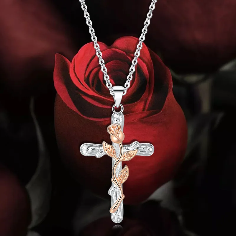 

Europe And America Cross Necklace Women Rose Flower Cross Necklace Dripping Oil Cross Pendant Necklaces