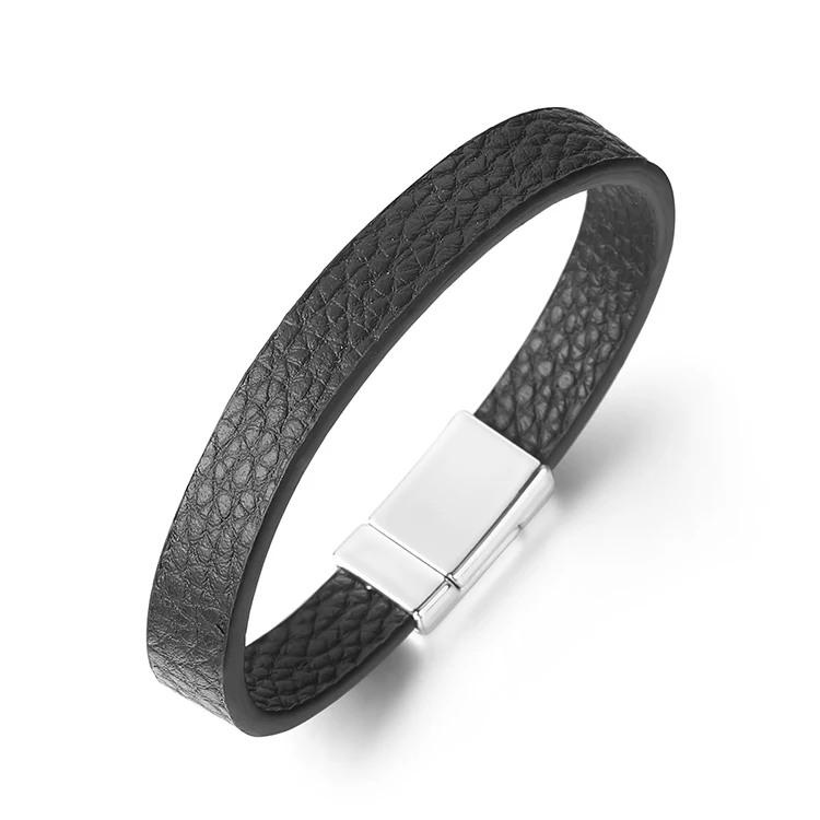 

Mens Genuine Leather Cuff Bracelet with Stainless Steel Magnetic Closure, Black