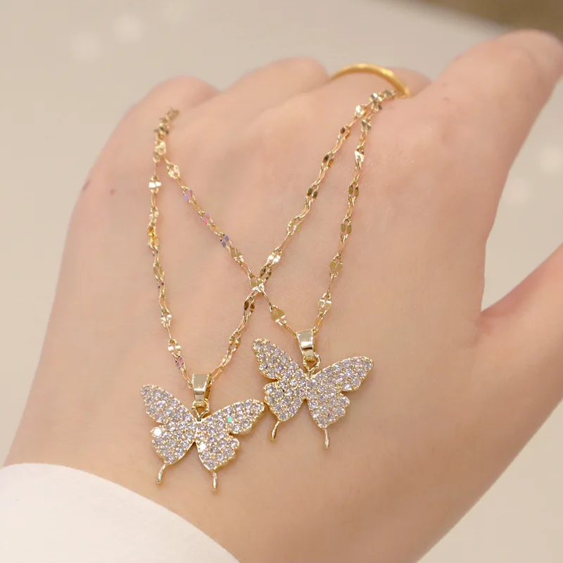 

Shining Micro Paved CZ Zircon Butterfly Necklace 18K Gold Stainless Steel Butterfly Pendant Necklace Women Jewelry, As pic show