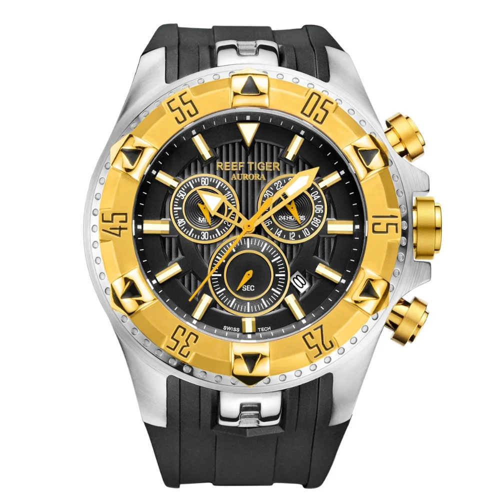 

Reef Tiger Men Sports Quartz Watches with Chronograph and Date Big Dial Super Luminous Steel Yellow Gold Stop Watch RGA303