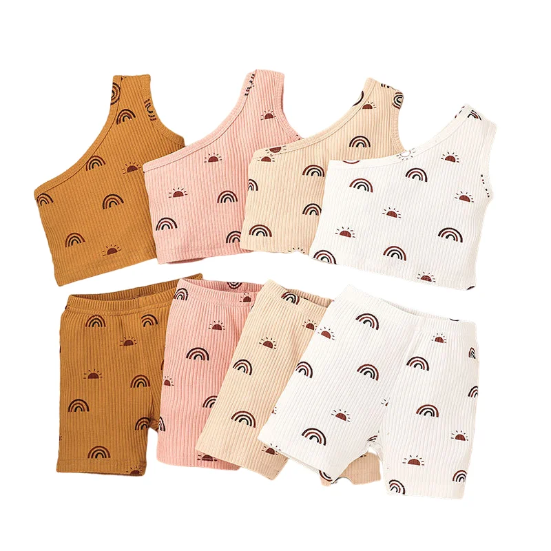 

2022 new arrivals girls clothing sets one shoulder top two piece set toddler girls tank top and shorts set
