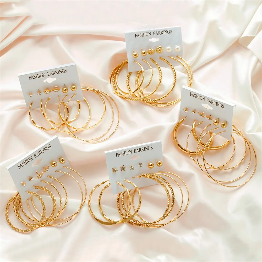 

New creative 6 pairs of earrings, personalized large circle simple set earrings, fashionable exaggerated earring, Golden