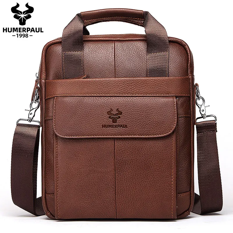 

HUMERPAUL New Men Bag Shoulder 100% Genuine Leather Cheap Shoulder Handbags High Capacity Cross Bags For Men, Coffee/black