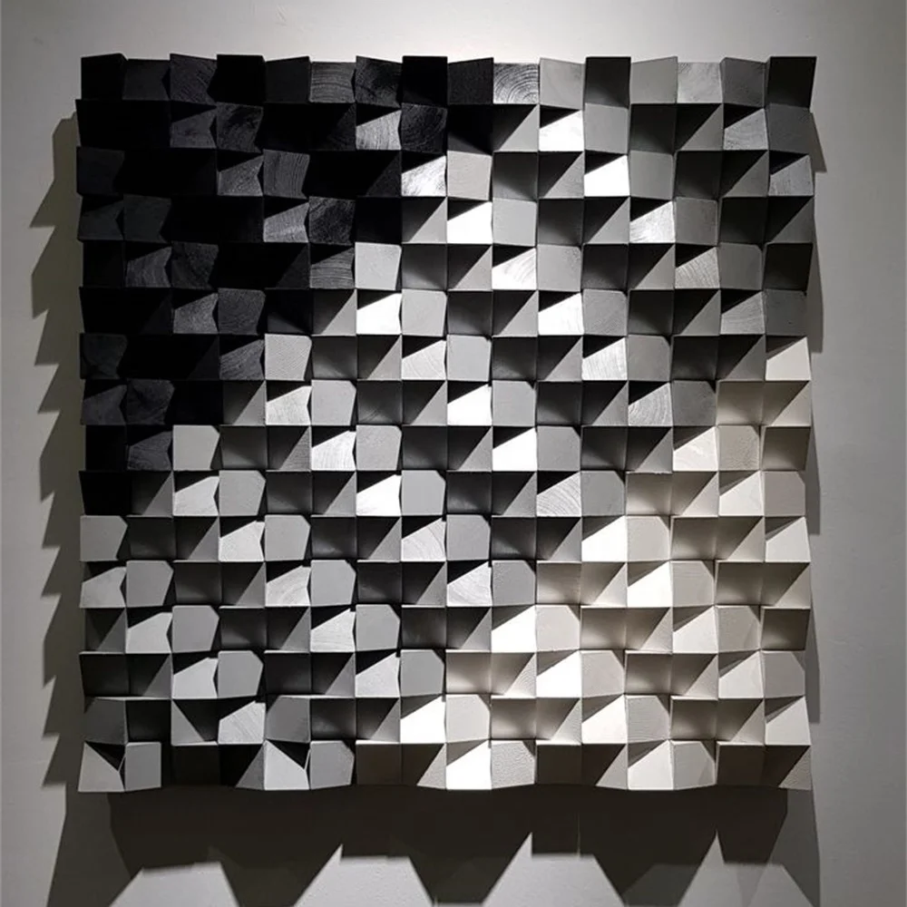 Image of Relief Geometryczny Painting Wall Art 3D Cubes Wood Artwork Living Room Decor black and White Sculptural Geometric Paintings