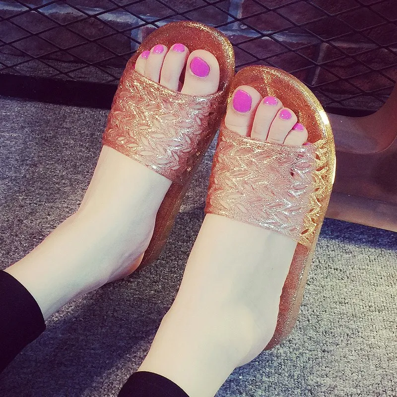 

SD-059 2019 transparent jelly matte and frosted PVC slipper open toe Slide Sandal bath Slipper beach sandals, Picture show , squine colors