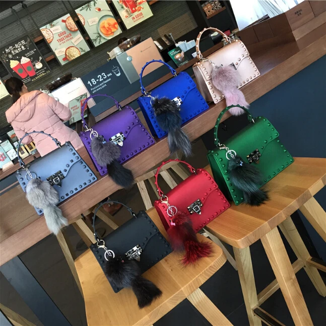 

New female bag Korean version matte frosted jelly bag rivet hand bill of lading crossbody bag wholesale, Black, green, pink, gray, red, blue