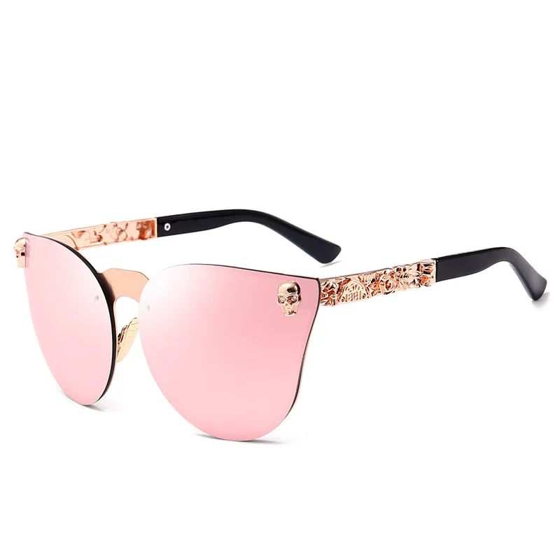 

2021 New Brand Vintage Retro Skull Head Oversized Mirrored Sunglasses Women Flower Rose Gold Rimless Cat Eye Sunglasses