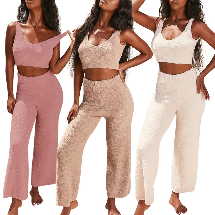 

Wholesale Fashion Knit Two Piece Set Solid Outfits Women Knitted 2 Piece Sweater Set Tank Top Wide Pants Casual Cozy Set Women