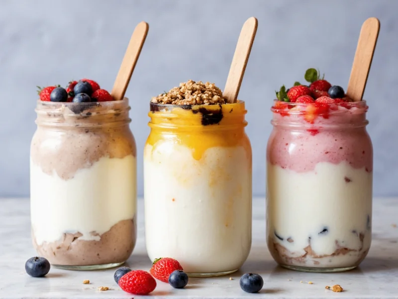 Three yogurt variations in mason jars with different toppings