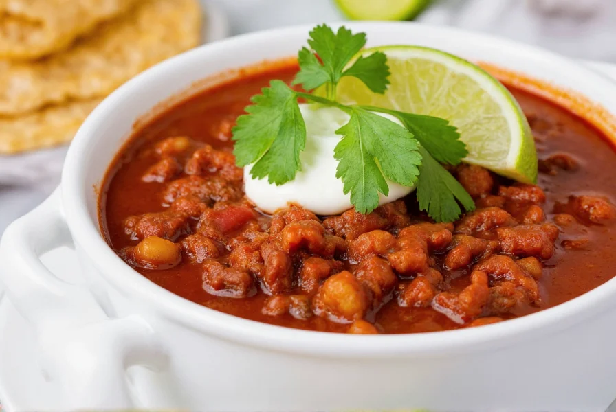 Venison chili served in white ceramic bowl with garnishes of sour cream, cilantro, and lime wedge