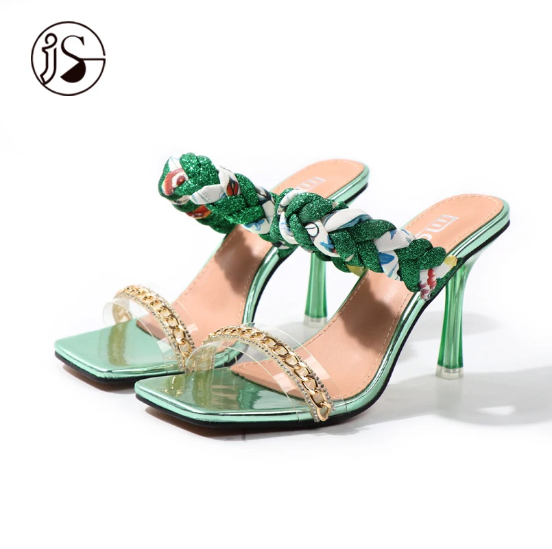 

The new 2021 summer hot heels fashion braided chain embellished girls heels