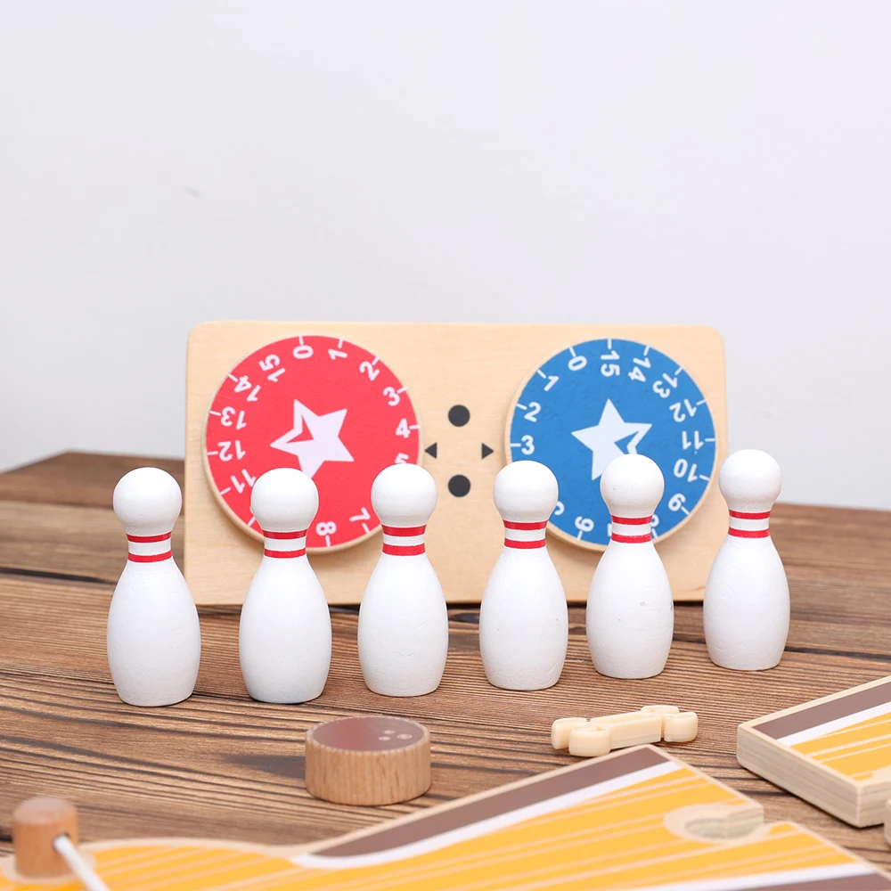 

Good Quality Toy Color Mini Bowling Ball KidsWooden Folding Bowling Pins Set for Children
