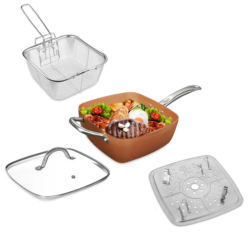 

4 Piece of Non Stick Aluminum Cookware Set, 5 Quart Copper Pot Set Square Pan, Fry Basket Steamer Rack