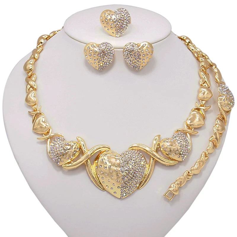 

Newest Design Three Big Heart I Love You Jewelry Set Xo 18k Gold Plated Hugs and Kisses Necklace Set for Fashion Party Jewelry