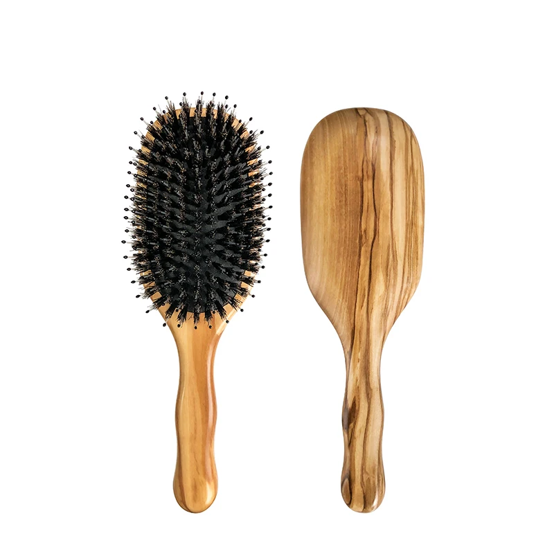 

High-end Professional Olive Wooden Handle Boar Bristle Nylon Pins Panddle Hair Brush, Natural