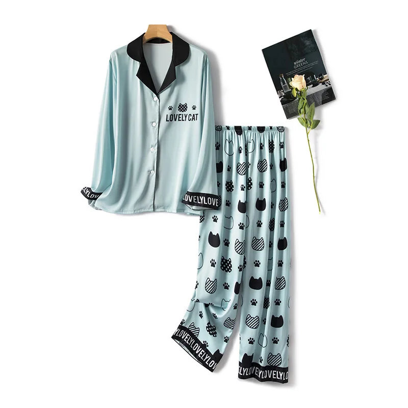 

2021 Satin women's pajamas set Sleepwear Long sleeve Ladies Suit Flannel Woman Pajamas Set Soft Fashion lover Family pajamas