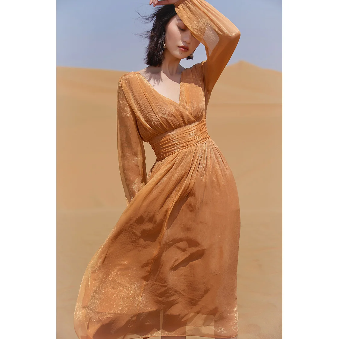 

Glossy Silk Chiffon Advanced Tailoring Skirt Puff Long Sleeve Retro Draped Dress, Customized color