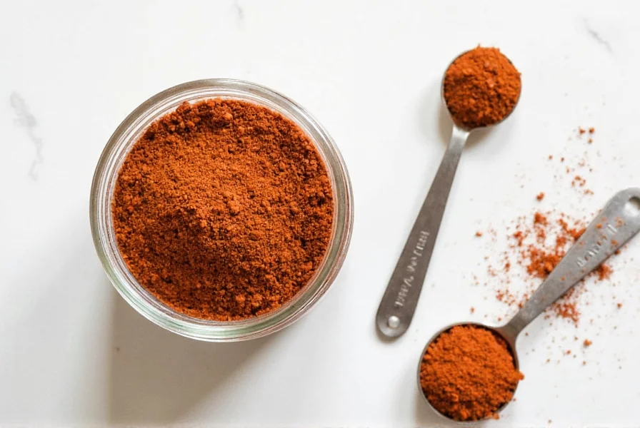 Homemade chili seasoning mix in glass jar with measuring spoons and whole spices