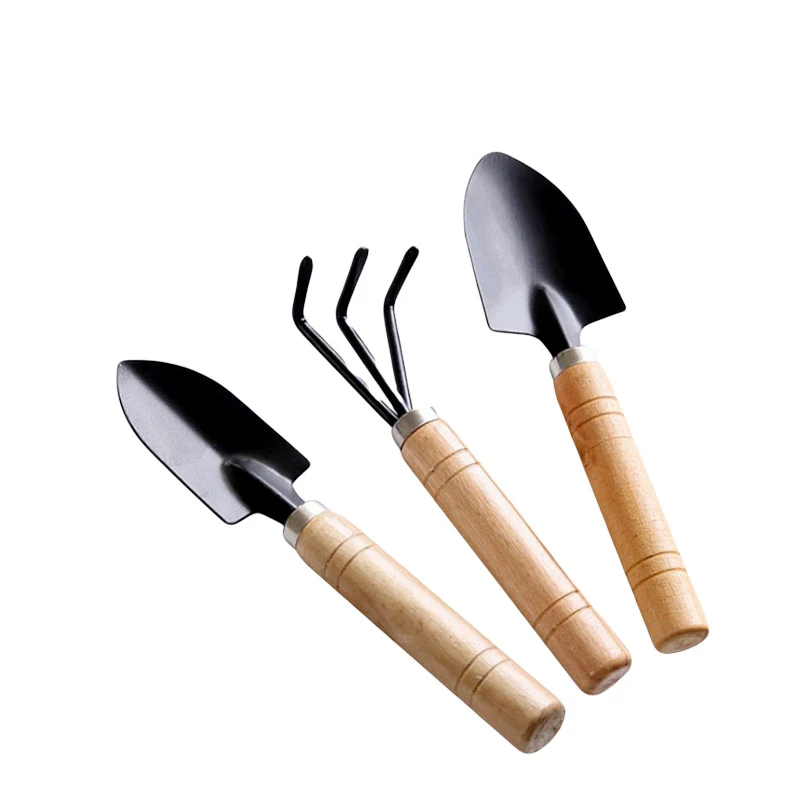 

Popular Mini metal 3Pcs Garden tools set for planting garden hand tool, Wooden color