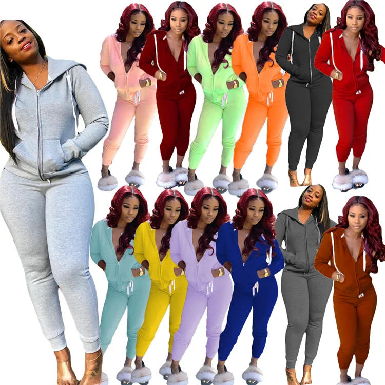 

High Quality Women Hoodies Sweatsuit Long Sleeve Zipper Skinny Solid Color Sports Jogging Wear Ladies Two Piece Set, Custom color