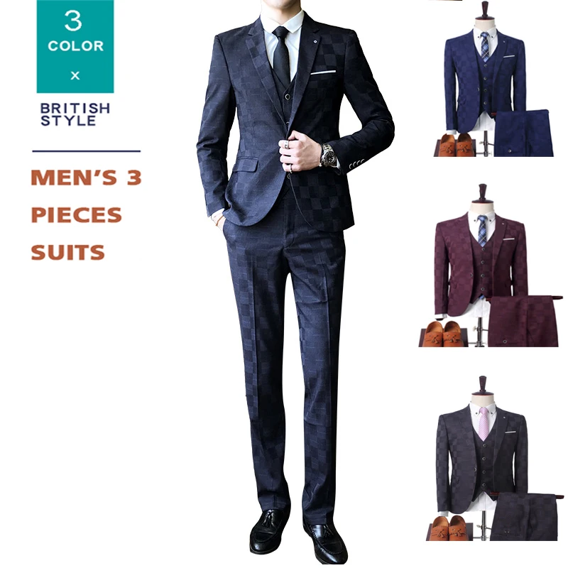 

Men's 3-Piece Single Breasted Slim Fit Checked Jacket Smart Wedding Formal Suits for Men, Blue / gray / red