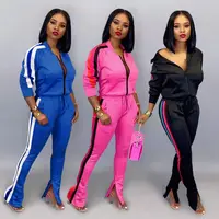 

Multicolor women clothing two pieces set striped long-sleeved printed zipper jacket jogger suit sport wear pants KGA6272