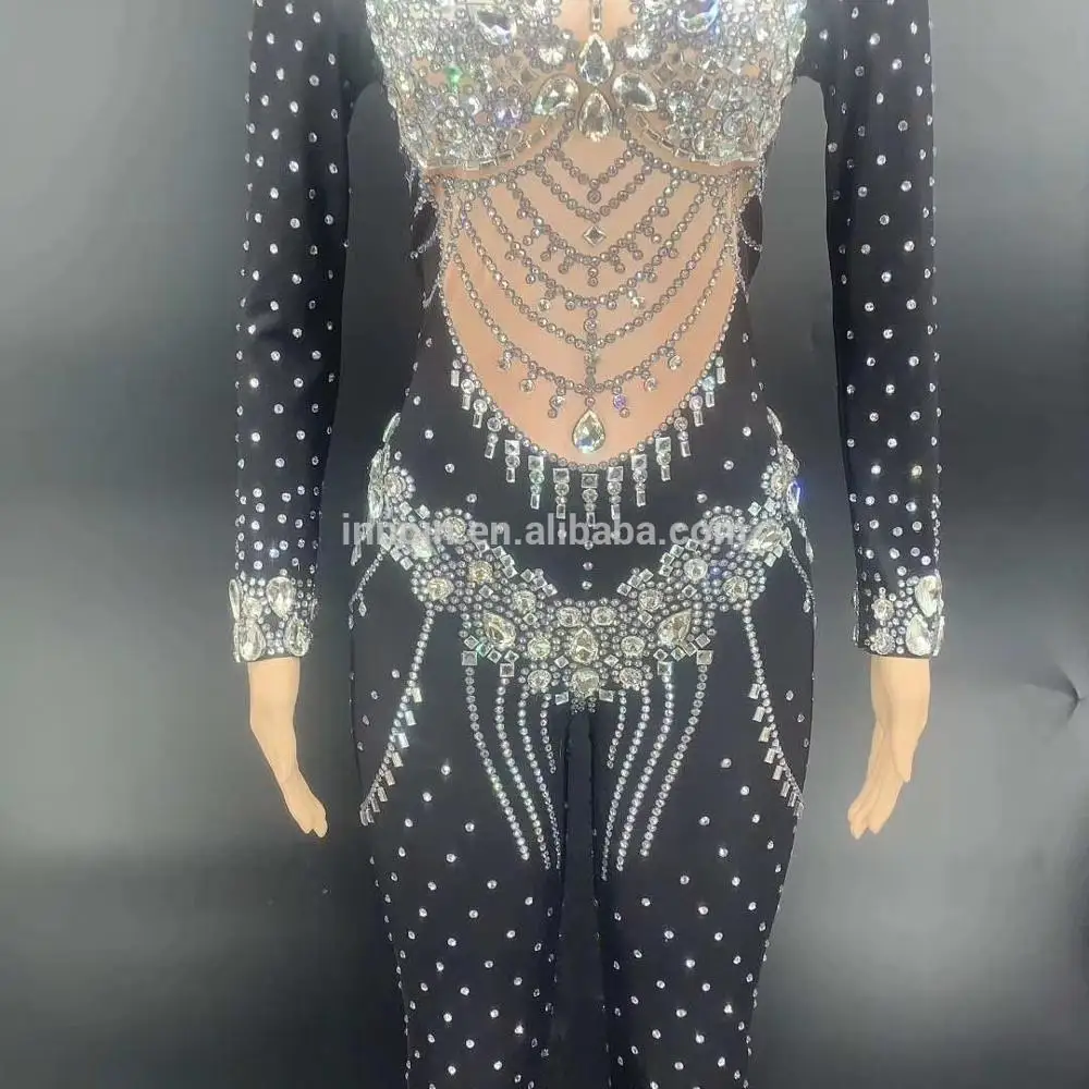 

Black Sparkling Crystals Rhinestones Jumpsuit Nightclub Occident Bar singer DJ female Costume Sexy dancer stage performance suit